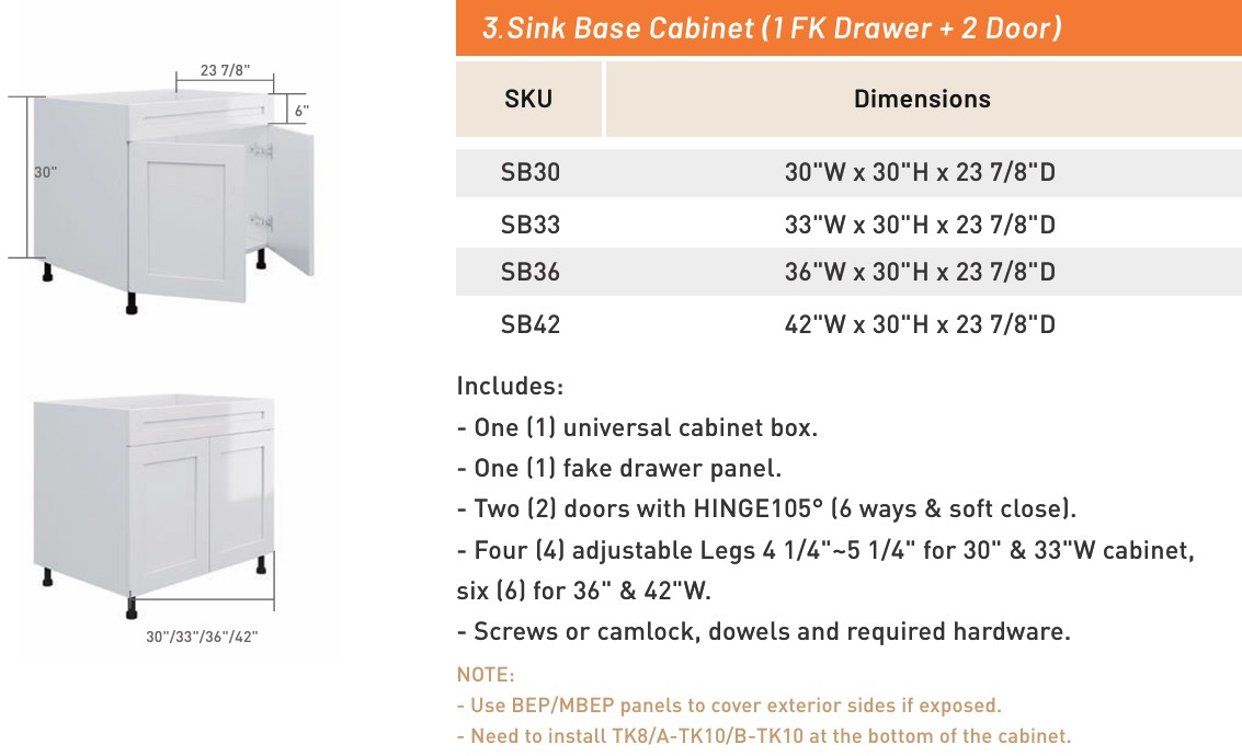 Sink base cabinet specification drawing with SKU and dimension table