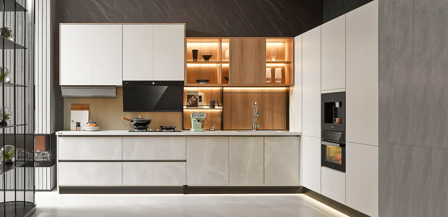 Contemporary kitchen with handleless white cabinetry, wood open shelving and integrated appliances